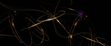 Çizim vektörü soyut kaos, altın dalga çizgisi deseni, akış çizgisi ve koyu renk arkaplan üzerindeki parçacık noktası. Modern fütürist, arka plan için tasarım. Dijital yüksek teknoloji, enerji teknolojisi kavramı