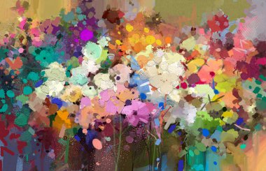 Soyut renkli yağ, bahar çiçeğinin akrilik resmi. Elle boyanmış fırça darbesi. Arka plan için çiçek boyası çizimi. Modern sanat çiçekleri sarı, kırmızı renkte..