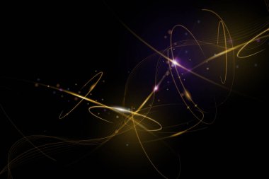 Çizim vektörü soyut kaos, altın dalga çizgisi deseni, akış çizgisi ve koyu renk arkaplan üzerindeki parçacık noktası. Modern fütürist, arka plan için tasarım. Dijital yüksek teknoloji, enerji teknolojisi kavramı