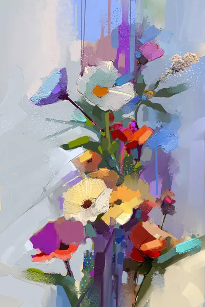 Soyut renkli yağ, bahar çiçeğinin akrilik resmi. Elle boyanmış fırça darbesi. Arka plan için çiçek boyası çizimi. Modern sanat çiçekleri sarı, kırmızı renkte..