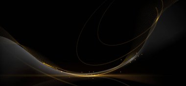 Soyut altın lüks arka plan. Altın ışık efektli, desenli, siyah eğimli vektör illüstrasyon elementi. Modern grafik tasarımı, pankart şablonu veya teknoloji arka planı için dekorasyon