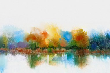 Soyut sanat, suluboya resim doğa içinde ağaç, tepe, göl veya nehir ve mavi gökyüzü olan kırsal alan. İllüstrasyon çalışmaları, yazın doğal manzara resimleri, arka plan için bahar sezonu..