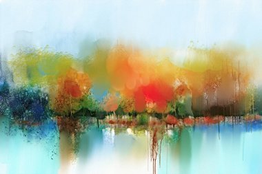 Soyut sanat, suluboya resim doğa içinde ağaç, tepe, göl veya nehir ve mavi gökyüzü olan kırsal alan. İllüstrasyon çalışmaları, yazın doğal manzara resimleri, arka plan için bahar sezonu..