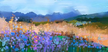 Soyut sanat, açık havada çiçek, kır çiçeği, tarla, çayır ve mavi gökyüzü ile yağlı boya. Çizim sanatı, yaz - bahar doğası. Arka plan için çağdaş empresyonist sanat