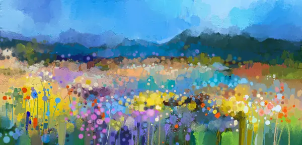 Soyut sanat, açık havada çiçek, kır çiçeği, tarla, çayır ve mavi gökyüzü ile yağlı boya. Çizim sanatı, yaz - bahar doğası. Arka plan için çağdaş empresyonist sanat