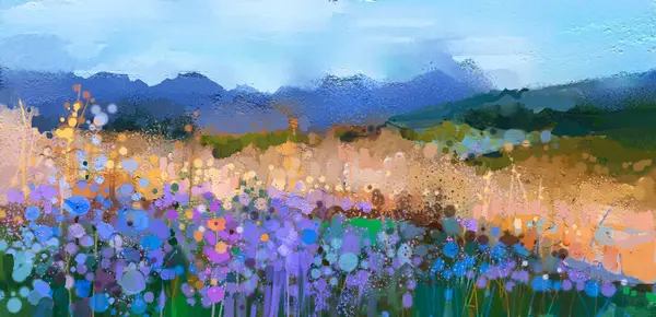 Soyut sanat, açık havada çiçek, kır çiçeği, tarla, çayır ve mavi gökyüzü ile yağlı boya. Çizim sanatı, yaz - bahar doğası. Arka plan için çağdaş empresyonist sanat