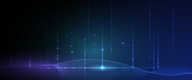 Vektör soyut dinamiği, dalga parçacığı ve nokta. Dinamik ağlı illüstrasyon teknolojisi arka planı, bayrak için akış parçacıkları tasarımı, duvar kağıdı. Fütürist, dijital veri ağı ve bilim konsepti