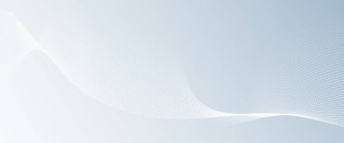 Vektör soyut dalga çizgisi deseni ve beyaz, gri arkaplan üzerindeki nokta çizgi parçacığı. Modern grafik tasarımı. Akış yarım ton, veri gelecekçiliği için eğrilik şekli, teknoloji arka planı