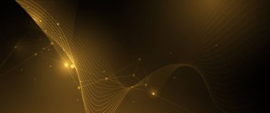 Molekül, geometrik şekilli vektör soyut teknolojisi, akışkan nokta parçacık akış çizgisi, şablon dalgası ve nokta, altın zemin üzerinde kablo. teknoloji ağı bilim iletişimi konsepti