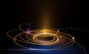 Çizim vektörü soyut kaos, altın dalga çizgisi deseni, akış çizgisi ve koyu renk arkaplan üzerindeki parçacık noktası. Modern fütürist, arka plan için tasarım. Dijital yüksek teknoloji, enerji teknolojisi kavramı