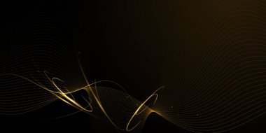 Çizim vektörü soyut kaos, altın dalga çizgisi deseni, akış çizgisi ve koyu renk arkaplan üzerindeki parçacık noktası. Modern fütürist, arka plan için tasarım. Dijital yüksek teknoloji, enerji teknolojisi kavramı