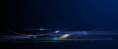 Vektör neon ışığı, desen çizgisi ve uzay. Mor, mavi, yeşil, altın renginde. Pankart ve arkaplan için grafik tasarımı. Enerji dijital teknolojisi konsepti