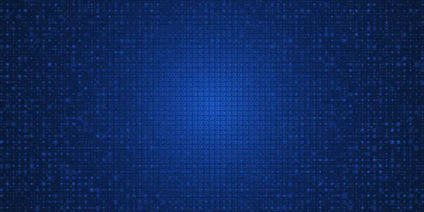 Vektör İllüstrasyon Tasarımı. Mavi matris ikili veri kodu, ızgara piksel desen arkaplanı. 0 ve 1 numara program kodu. Dijital veri fütüristik teknoloji, bilgisayar yazılım programlama kavramı