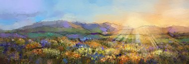 Soyut renkli yağlı boya tablo manzarası, mor kozmos çiçeği. Tarlada yabani çiçek rengi. Violet, çayırda dağ ve günbatımı gökyüzü olan kırmızı kır çiçekleri. Bahar, yaz mevsimi doğa geçmişi