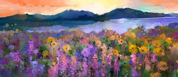 Soyut sanat, yağlı boya, kır çiçeği, çiçek, tepe, göl veya nehir, günbatımı gökyüzü olan manzara. Resim çizimi, çiçek boyası, çayır. Yaz, bahar sezonu arka planı