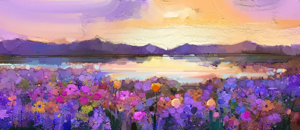 Soyut renkli yağlı boya tablo manzarası, mor kozmos çiçeği. Tarlada yabani çiçek rengi. Violet, çayırda dağ ve günbatımı gökyüzü olan kırmızı kır çiçekleri. Bahar, yaz mevsimi doğa geçmişi