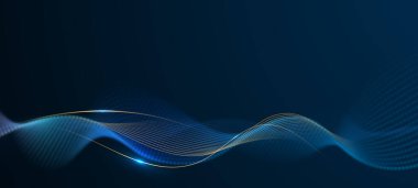 Soyut altın lüks arka plan. Altın dalga çizgisine sahip vektör illüstrasyon elementi, koyu mavi, siyah arkaplanda parıltı, doku. Olay, iş, teknoloji sancak şablonu için grafik tasarımı