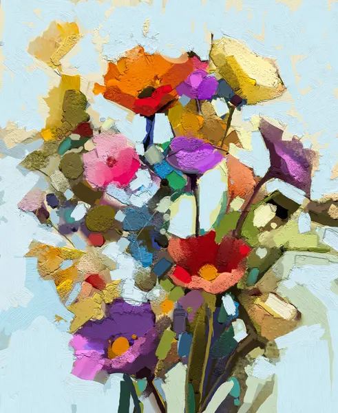 Soyut renkli yağ, bahar çiçeğinin akrilik resmi. Elle boyanmış fırça darbesi. Arka plan için çiçek boyası çizimi. Modern sanat çiçekleri sarı, kırmızı renkte..