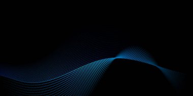 Vektör soyut hareket, pürüzsüz, yumuşak mavi dalga çizgi deseni, nokta parçacık. Siyah arkaplanda kıvrımlı ve akışkan şekil. Lüks duvar kağıdı, fütüristik ve teknoloji için modern grafik tasarımı