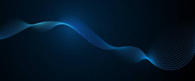 Çizim vektörü soyut dalga, akış çizgisi, hareket deseni ve koyu mavi arkaplan üzerindeki parçacık noktası. Arka plan için modern fütürist, büyük veri tasarımı. Dijital veri, yüksek teknoloji, teknoloji kavramı