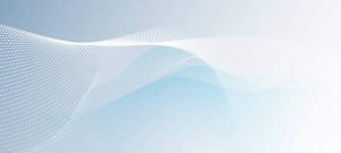 Vektör soyut dalga çizgisi deseni ve beyaz, gri arkaplan üzerindeki nokta çizgi parçacığı. Modern grafik tasarımı. Akış yarım ton, veri gelecekçiliği için eğrilik şekli, teknoloji arka planı