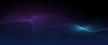 Soyut dalga çizgisi, hareket deseni ve koyu mavi arkaplanda parçacık noktası olan illüstrasyon vektör elemanı. Arka plan için modern fütürist tasarım. Dijital veri, yüksek teknoloji, teknoloji konsepti