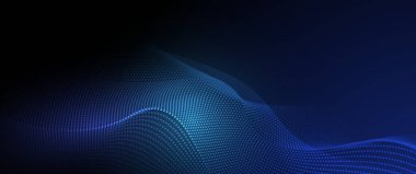 Vektör soyut dinamiği, dalga parçacığı ve nokta. Dinamik ağlı illüstrasyon teknolojisi arka planı, bayrak için akış parçacıkları tasarımı, duvar kağıdı. Yüksek teknoloji, dijital veri ağı ve bilim konsepti