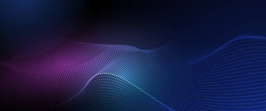 Vektör soyut dinamiği, dalga parçacığı ve nokta. Dinamik ağlı illüstrasyon teknolojisi arka planı, bayrak için akış parçacıkları tasarımı, duvar kağıdı. Yüksek teknoloji, dijital veri ağı ve bilim konsepti