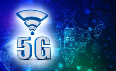 5G Network Internet Mobil İş Konsepti, Hindistan 'da 5G mobil teknoloji, Abstract 5G ağ teknolojisi arka planı, yüksek hızlı 5G teknolojili Hint haritası. 3d illüstrasyon 