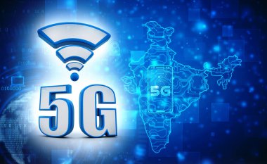 5G Network Internet Mobil İş Konsepti, Hindistan 'da 5G mobil teknoloji, Abstract 5G ağ teknolojisi arka planı, yüksek hızlı 5G teknolojili Hint haritası. 3d illüstrasyon 