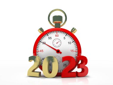 Kronometre Saati 2023 yılını, 2023 yılını, 2023 yılını temsil ediyor. Beyaz zemin üzerinde Alarm Saati olan 2023 Altın İşareti. 3B Hazırlama