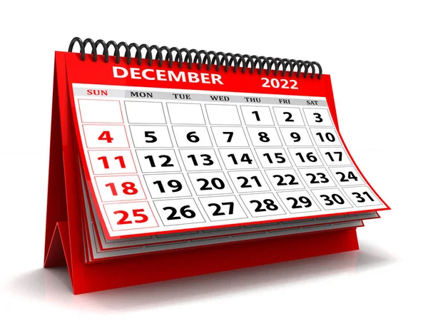 2022年12月的桌面日历在白色背景中隔离 2022年12月的螺旋日历可用于静态 传单和横幅背景 3D渲染 — 图库照片