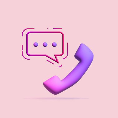 Sohbet balonu, kurye simgesi. Konuşma balonlu bir telefon alıcısı. İletişim konsepti. 3B illüstrasyon