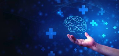 Hand Holding Brain, Digital illustration of Human brain structure, Creative brain concept background, Concept of Thinking, Innovation background