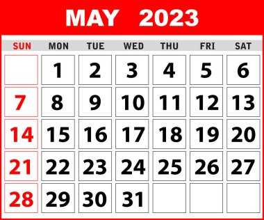 Mayıs 2023 Takvim Yaprağı. Takvim 2023 düz stil. Mayıs 2023 Takvimi. Duvar Masası Takvimi Vektör Şablonu, Basit Asgari Tasarım. Vektör illüstrasyonu