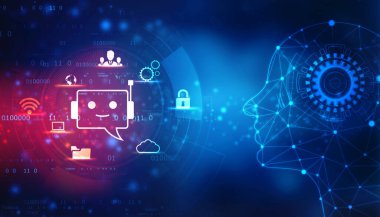 Yapay Zeka, Yapay Zeka ve Makine Öğrenme Konsepti geçmişi, Yaratıcı Beyin, Zihin Kavramı, Fütürist Teknoloji Yeniliği geçmişi ile Chatbot Sohbeti. 