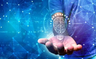 Yapay Zeka konsepti, ampul tutan adam, ampul gelecek teknolojisi, yenilik geçmişi, yaratıcı fikir kavramı.