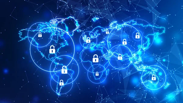 Siber güvenlik ve asma kilit sembollü dijital bilgisayar koruması ve dünya haritası, küresel veri koruması, Siber Güvenlik Mahremiyeti. İş Teknolojisi Konsepti