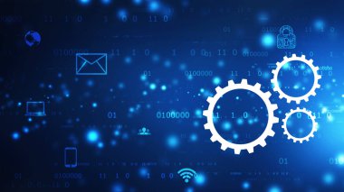 İşlem yönetimi, optimizasyon, strateji endüstrisi, şanzıman dişlileri, yazılım güncelleme durumu, sosyal medya simgelerine sahip Cog Gear Wheel soyut arka planda