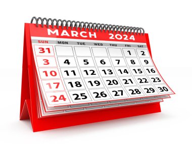 2024 Year March Calendar on a white background. March 2024 Spiral Calendar can be used for Stationary, flyer, banner background. 3d render