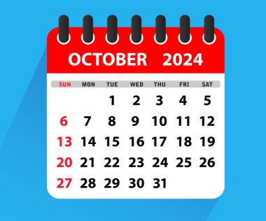 Ekim 2024 Takvim Yaprağı. Takvim 2024 düz stil. Ekim 2024 Takvim. Hafta pazar günü başlıyor. Boş Takvim Şablonu. Kırtasiye tasarımı. Vektör İllüstrasyonu