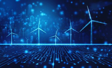 Rüzgar türbininin elektrik gücü, alternatif elektrik kaynağından üretilen yeşil yenilenebilir enerji, alternatif konsept teknolojisi temiz enerji, iş ve endüstri elektriği