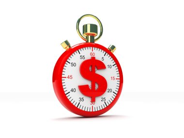 Yüzünde dolar sembolü olan kırmızı çalar saat. Zaman, iş ve ekonomi ile ilgili bilgi tasarımında paradır. 3d hazırlayıcı