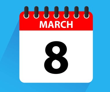8 Mart. Takvim simgesi. Düz stil, Kadınlar Günü, kırmızı harf günü. 2025 yıllık takvim. Mart 'ta tatiller. Vektör illüstrasyonu