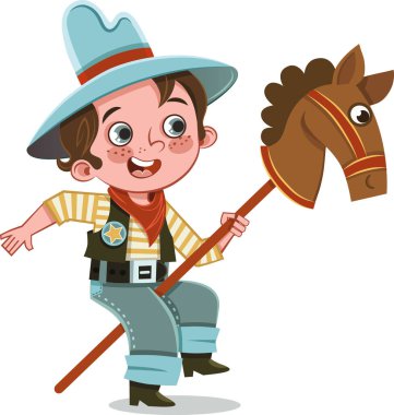 Küçük Kovboy eğleniyor. Çizgi film karakteri tahta atıyla oynuyor. Vektör illüstrasyonu.