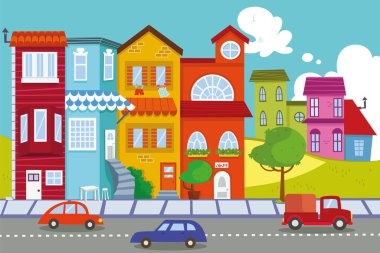 Vektör illüstrasyonunda evler, daireler, sokaklar ve arabalar gösteriliyor.