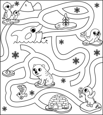 Siyah ve beyaz kutup hayvanları çocuklar için labirent oyunu. Vektör illüstrasyonu.