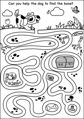 Can you help the dog to find the bone? Black and white maze illustration for children. clipart