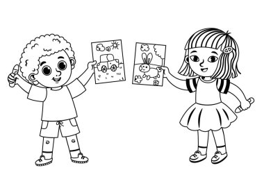 Black and white two little children are showing the pictures they made. Vector illustration. clipart