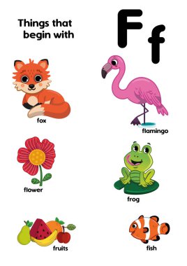F harfiyle başlayan şeyler. Çocuklar için eğitici, vektör çizimi..
